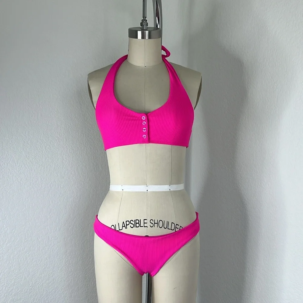 Frankies Bikinis Ribbed Henley Halter Top Neon Pink Bikini Knockout Pink